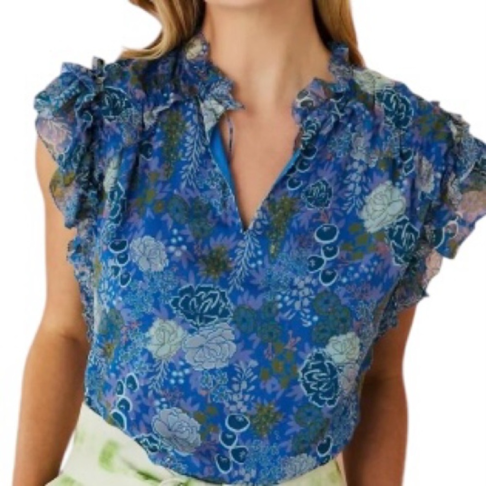 Marie Oliver Tate Top In Periwinkle Peonies  excellent condition Size Small